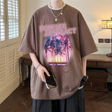 Wiaofellas Korean Style Large Size Men T-shirts Summer Coconut Tree Pattern Short Sleeve Round Neck Tops Vintage Male Tee Shirts