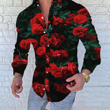 Wiaofellas Red Printed Shirt Men's Fashion Casual Fall Long Sleeve Men's Shirt Floral Party Dress Dance M-3XL