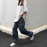Wiaofellas Men Ripped Wide-leg Jeans Women's Fashion Retro Baggy Harajuku Jeans Hip Hop High Street Casual Wild Loose Wide-leg Trousers