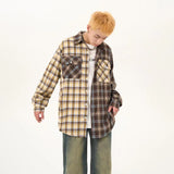 Wiaofellas Men's Retro Style Patchwork Color Long Sleeves Shirt Fashion Trendy Loose Casual Lattice Printing Loose Streetwear Shirt