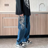 Wiaofellas New Fashion Dragon Embroidery Baggy Men Straight Jeans Pants Y2K Clothes Hip Hop Loose Wide Leg Denim Trousers Ropa Hombre