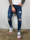 Wiaofellas Jeans Men's Distressed Stretch Ripped Biker Jeans Men Hip Hop Slim Fit Holes Punk Jeans Zipper Pure Color Denim Pants