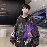 Wiaofellas Autumn and winter Korean style trend plus fleece hooded sweater men graffiti hip-hop all-match loose printed coat couple sweater