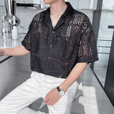 Wiaofellas Summer Men Mesh Hollow Lace Short Sleeve Loose Casual Vintage Shirts Male Beach Shirts Male Streetwear Fashion Shirts Blouse