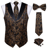 Wiaofellas Brand Suit Vest Set For Men Luxury Silk Black Gold Paisley Dress Vest Tie Cufflinks Handkerchief Set Male Sleeveless Waistcoat