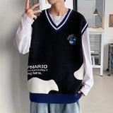 Wiaofellas Men's Sweater V-neck Vest Korean Version Sweater Harajuku Style Vest Sleeveless Loose Vest