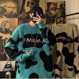 Wiaofellas Men's Sweater Cow Letter Round Neck Sweater Men's New Loose and Lazy Wind Knitwear Brand Casual Jacket