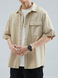 Wiaofellas Summer Chest Pockets Casual Shirts Men Short Sleeve Breathable Cotton Husband Workwear Solid Baggy Cargo Shirt Male Blouses