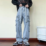 Wiaofellas New Men Cargo Jeans Wide Leg Pants Multiple Pockets Baggy Denim Trousers Hip Hop Streetwear Skateboard Neutral Male Clothes