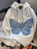 Wiaofellas Hiphop Vintage Butterfly Hoodie Fashion Women Denim Patch Fried Street Autumn Winter Plush Versatile Couple Sweatshirt Chic