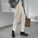 Wiaofellas New Korean Style Belt Design Men's Dress Pants Spring Summer Solid High Waist Loose Casual Pant Fashion Wide Leg Trousers