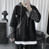 Wiaofellas Fake two-piece fashion hoodie men spring and autumn plaid stitching hooded jacket Korean clothes Harajuku hoodies for men