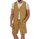 Wiaofellas Summer Mens Cotton Linen Two Piece Vintage Sleeveless Button Vest Shirts And Casual Shorts Suits Men Leisure Solid Color Outfit