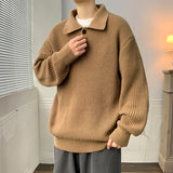 Wiaofellas Lapel Sweater Men Warm Fashion Casual Knitted Pullover Men Japanese Streetwear Loose Long Sleeve Sweater Mens Jumper Clothes