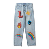 Wiaofellas Y2K Jeans for Men Women Rainbow Graffiti Printing Jeans Loose Wide Leg Straight Man Baggy Pants Streetwear Women's Men's Jeans