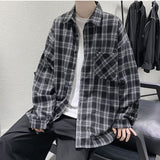 Wiaofellas Summer Autumn Versatile Men's Cool Casual Loose Tess Button T-Shirt Soft Long Sleeve College Style Plaid Student Sport Pocket