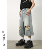 Wiaofellas Summer Jeans Men Straight Loose Casual Vintage Destroy Hole Denim Shorts Jeans Pants Male Wide Leg Short Jeans