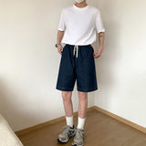 Wiaofellas Summer Blue Denim Shorts Men Fashion Retro Drawstring Denim Shorts Mens Streetwear Korean Loose Straight Jeans Shorts Men M-2XL