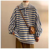 Wiaofellas Winter Men's Fashionable Wool Sweater Thickened Lapel Collar Knitting Striped Printing Pullover Black/blue Color Coats