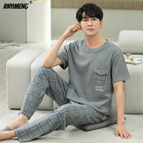 Wiaofellas-Plus Size L-5XL Summer Cotton Sleepwear for Man Fashion Leisure Boys Lougewear Trendy Short Sleelves Full Pants Mens Pajamas Set