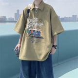 Wiaofellas Summer Harajuku Cartoon Graphic Polo T-shirts Men Casual Baggy Short Sleeve Tshirt Japan Style Hip Hop Oversized High Street Tee