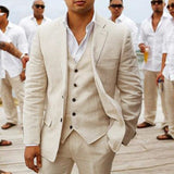 Wiaofellas Summer Beach Linen Male Suit For Wedding 3 Piece Casual Men Blazer Costume Homme Light Beige Terno Masculino Custom Made