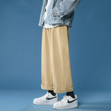 Wiaofellas Casual Pant Men Cotton Baggy Wide Leg Pants Ankle Length Elastic Waist Loose Straight Trousers Men