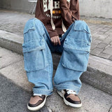 Wiaofellas Multi-Pocket Washed Cargo Pants Men Y2K New Retro High Street Fashion High Waist Jeans Couple Harajuku Casual Wide Leg Pants Men