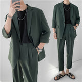 Wiaofellas Fashion Summer 2-piece Set Solid Color Single-breasted Casual Simple Student Wear Homme Loose Suits Wear (Blazers + Pants)