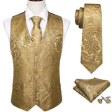 Wiaofellas 4PC Mens Extra Silk Vest Party Wedding Gold Paisley Solid Floral Waistcoat Vest Pocket Square Tie Suit Set Barry.Wang BM-2017