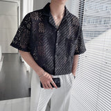 Wiaofellas Summer Men Mesh Hollow Lace Short Sleeve Loose Casual Vintage Shirts Male Beach Shirts Male Streetwear Fashion Shirts Blouse