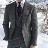 Wiaofellas Gray Wool Tweed Winter Suit for Men Herringbone Slim Fit Formal Groom Tuxedo 3 Piece Wedding Male Suits (Jacket+Vest+Pants)