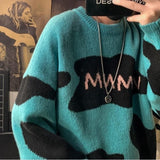 Wiaofellas Men's Sweater Cow Letter Round Neck Sweater Men's New Loose and Lazy Wind Knitwear Brand Casual Jacket