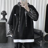 Wiaofellas Fake two-piece fashion hoodie men spring and autumn plaid stitching hooded jacket Korean clothes Harajuku hoodies for men