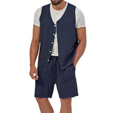 Wiaofellas Summer Mens Cotton Linen Two Piece Vintage Sleeveless Button Vest Shirts And Casual Shorts Suits Men Leisure Solid Color Outfit