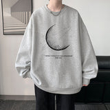 Wiaofellas Winter Warm Sweatshirts New Men Simple Stroke Moon Graphic Pullovers Oversized Korean Style Man Letter Print O Neck Tops