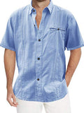 Casual Men Solid Shirts Summer Vintage Button-up Turn-down Collar Cardigan Tops Mens Short Sleeve Loose Shirt Fashion Streetwear
