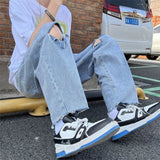 Wiaofellas Summer Blue Hole Jeans Men Fashion Casual Ripped Jeans Men Streetwear Hip Hop Loose Straight Denim Pants Mens Trousers M-2XL