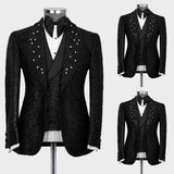 Wiaofellas Sparkling Black Men Suit 2 Pieces Business Blazer Pants One Button Sequins Pearls Wedding Groom Work Wear Party Causal Tailored
