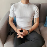 Wiaofellas New Style Men High Grade Solid Color Stripe Knit T-shirt/Male Slim Fit Fashion High Collar Short Sleeve T-shirt Black White