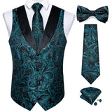 Wiaofellas Brand Suit Vest Set For Men Luxury Silk Black Gold Paisley Dress Vest Tie Cufflinks Handkerchief Set Male Sleeveless Waistcoat