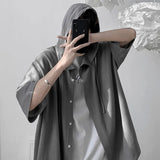 Wiaofellas Japan Hooded Shirts Ice Silk Short-sleeved Top Men Women Summer Lovers Trend Blouse Hip Hop Harajuku Oversize Jacket