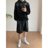 Wiaofellas Pink Black Leather Hoodies Men Fashion Oversized Hooded Sweatshirt Mens Streetwear Korean Loose Hip-hop Pullover Hoodie Men