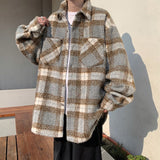 Wiaofellas Spring Woolen Shirt Men Fashion Retro Thick Plaid Shirts Mens Streetwear Korean Loose Oversized Long-sleeved Shirt Men M-2XL