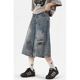 Wiaofellas Harajuku Graffiti Print Cropped Pants Men And Women High Street Loose Casual Wide-leg Over-the-knee Shorts Cropped Jeans