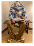 Wiaofellas Winter Men's Fashionable Wool Sweater Thickened Lapel Collar Knitting Striped Printing Pullover Black/blue Color Coats