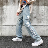 Wiaofellas Men's Skull Jeans Jean Baggy Skeleton Pants Blue Man Casual Trendyol Denim Trousers Streetwear Hip Hop FASHION Y2k Print
