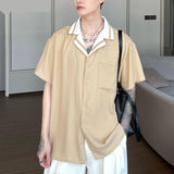 Wiaofellas Men Casual Shirt Patchwork Lapel Short Sleeve Button Summer Streetwear Shirts 2023 Fashion Korean Men Clothing S-5XL INCERUN