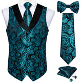 Wiaofellas Brand Suit Vest Set For Men Luxury Silk Black Gold Paisley Dress Vest Tie Cufflinks Handkerchief Set Male Sleeveless Waistcoat