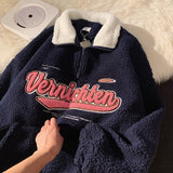 Wiaofellas American retro street alphabet lamb wool warm oversize winter new lapel long-sleeved sweater women's all-match casual top Y2K